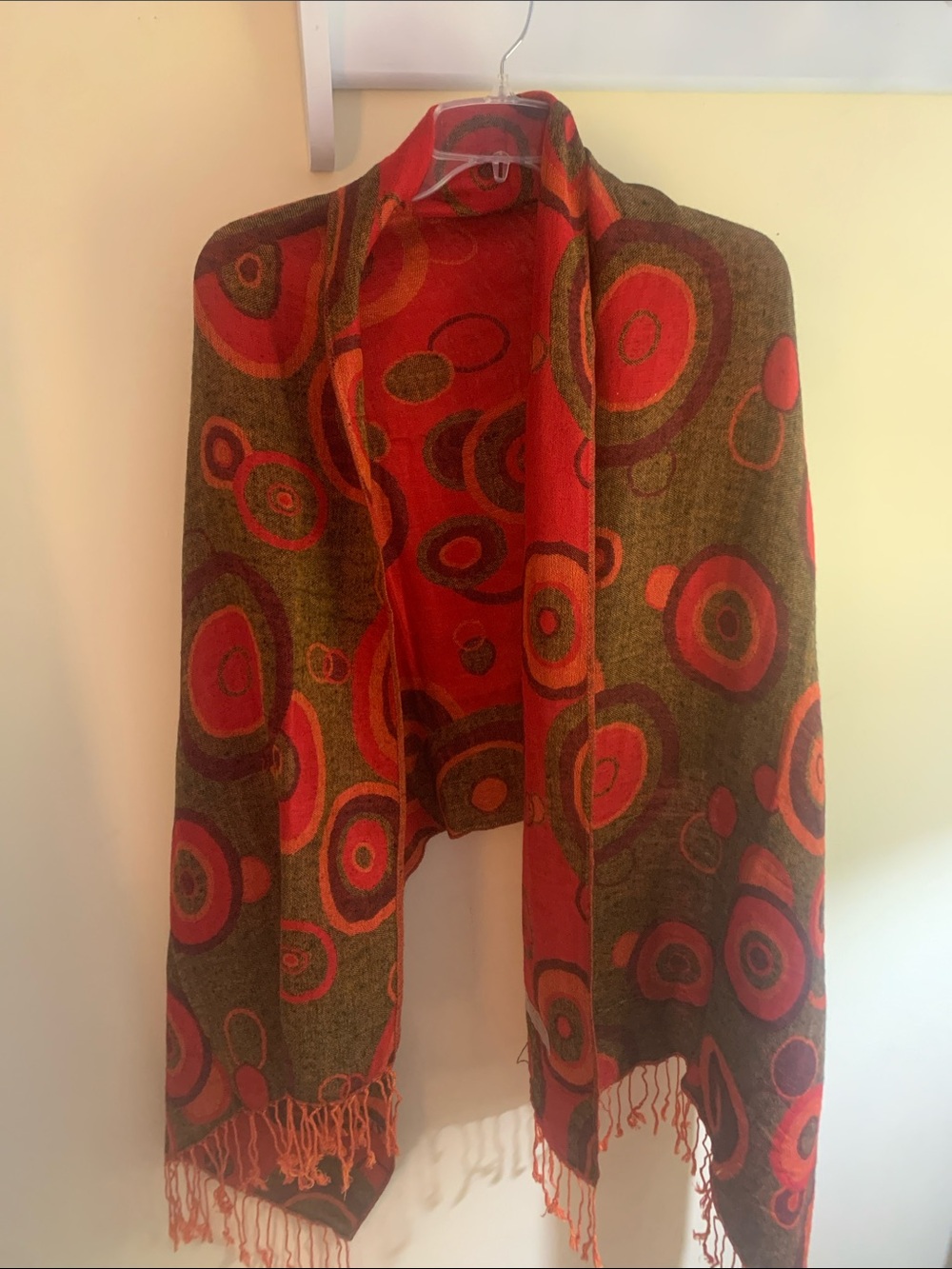 pashmina Orange and Brown Circular Motif Fringe Shawl